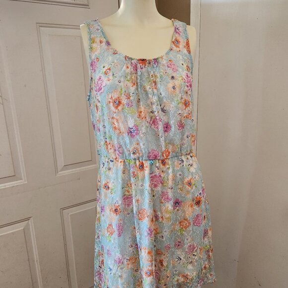 No Boundaries Dresses & Skirts - No Boundaries Midi Tunic Dress Lined Blue Lace Floral Print Slip-On Sz L (11-13)